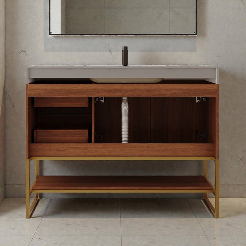 36 Inch Modern Bathroom Vanity with Seamless Ceramic Sink, Freestanding Cabinet with Gold Accents and Storage