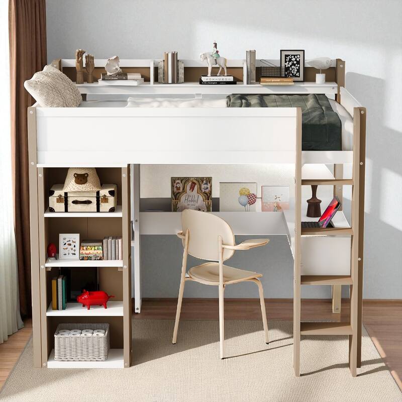 Full Size Wood Loft Bed with Desk, Wardrobe Storage, Shelves & Clothes Rail, 500 lb Bed Capacity, 77.8 x 70.1 x 75.6 in