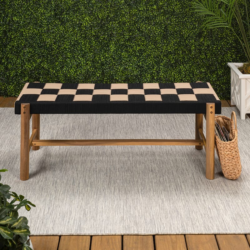 48" 2-Seat Outdoor Acacia Bench, Backless w/ Woven Rope Seat, 700-lb Support