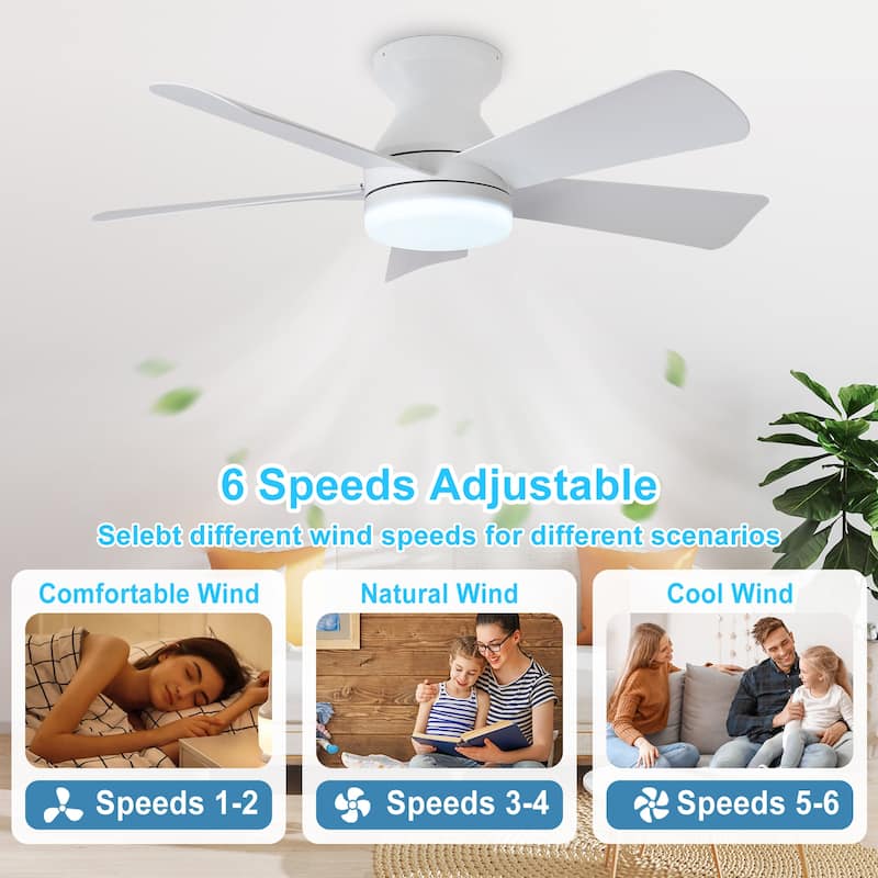 42/35 Inch Low Profile Ceiling Fan with Light: Dimmable, Remote Control, 6-Speed, 5 Blades