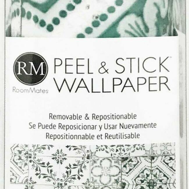 RoomMates Mediterranean Tile Peel and Stick Wallpaper Green Bed Bath