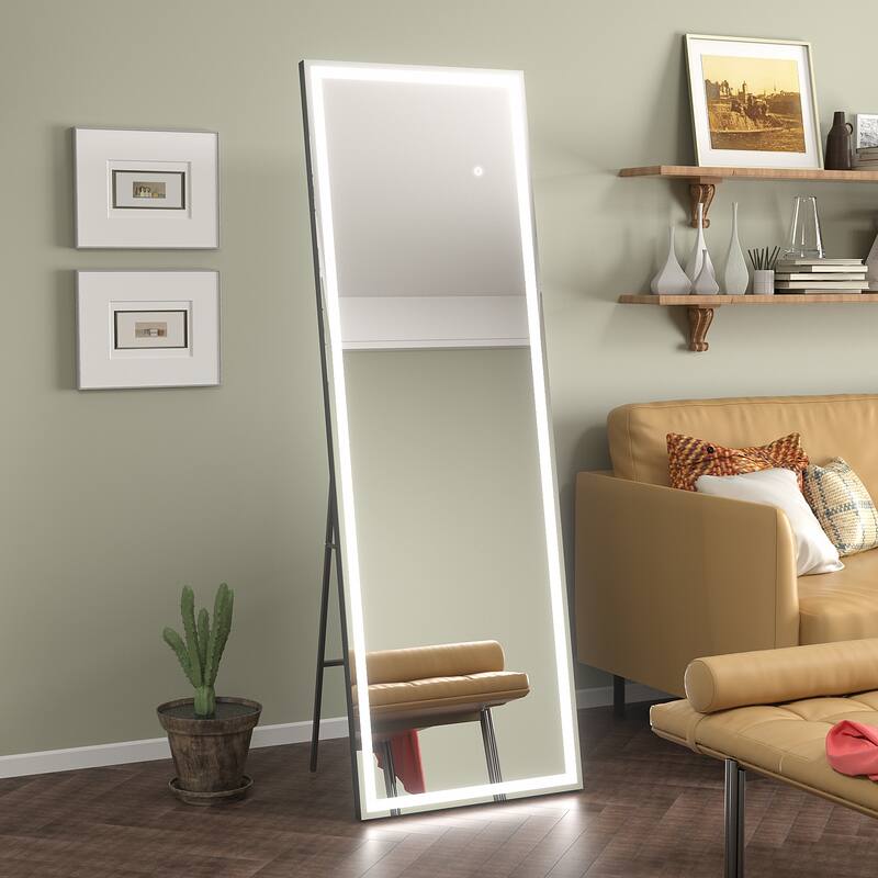 KIOTEE Aluminum Alloy Frame Led Lighted Tempered Glass Full Length Mirror With 3 Color Temperature & Brightness Adjustment