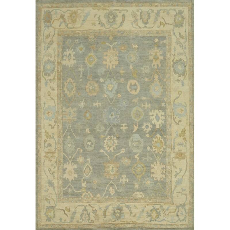 Vegetable Dye Gray Oushak Turkish Large Rug, Floral Geometric Carpet - 13' 9'' X 10' 3''