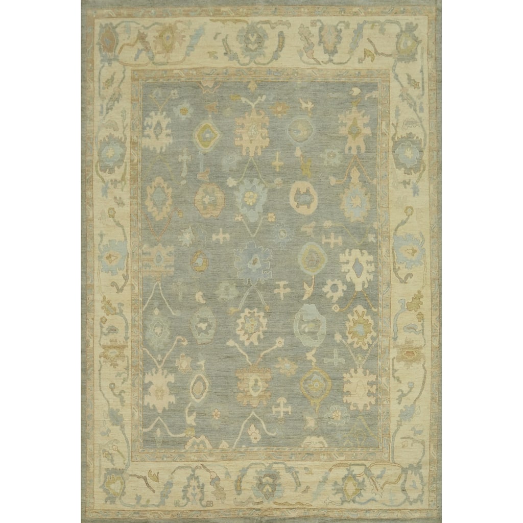 Vegetable Dye Gray Oushak Turkish Large Rug, Floral Geometric Carpet - 13' 9'' X 10' 3''
