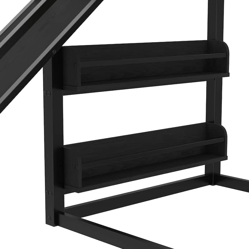 Roomfitters Metal Loft Bed with Slide and Climbing Wall, Gym Bed with Basketball Hoop, Black