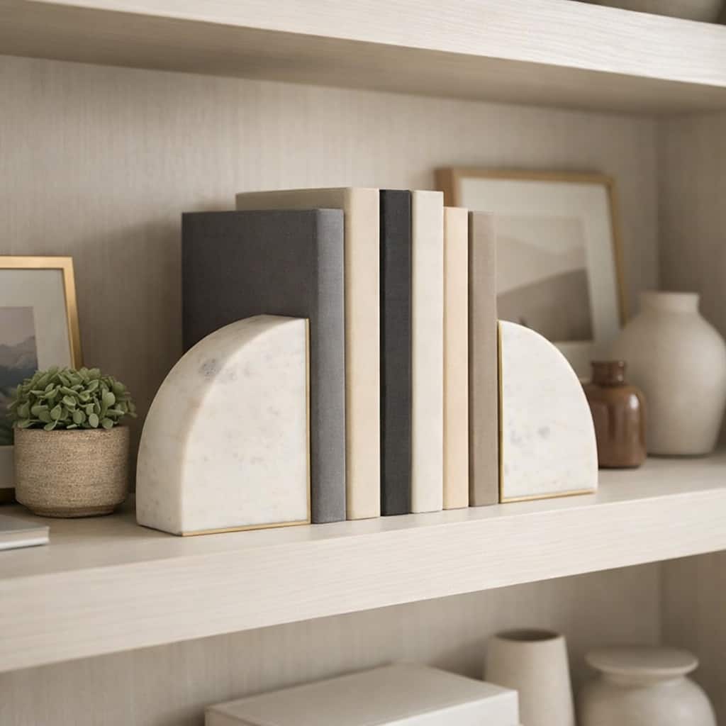 Marble Modern Pie Bookends Set of 2 - White, 5" - 5.0"