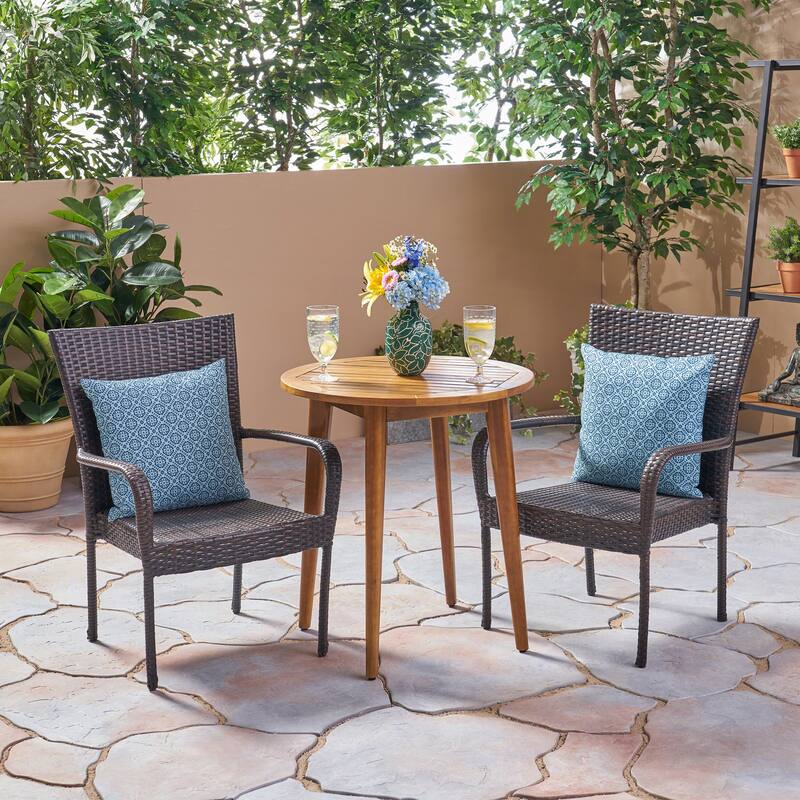 Linwood Outdoor 3 Piece Wood and Wicker Bistro Set by Christopher Knight Home - teak finish + multi brown