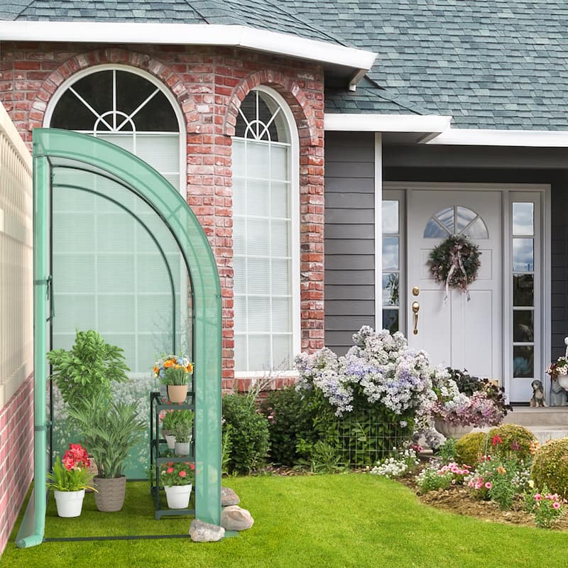 7'x 3.5'x 7' Greenhouse Portable Wall House w/ Green PE Cover & Shelf - 78'' x 38.5'' x 84.5''(Lx Wx H)