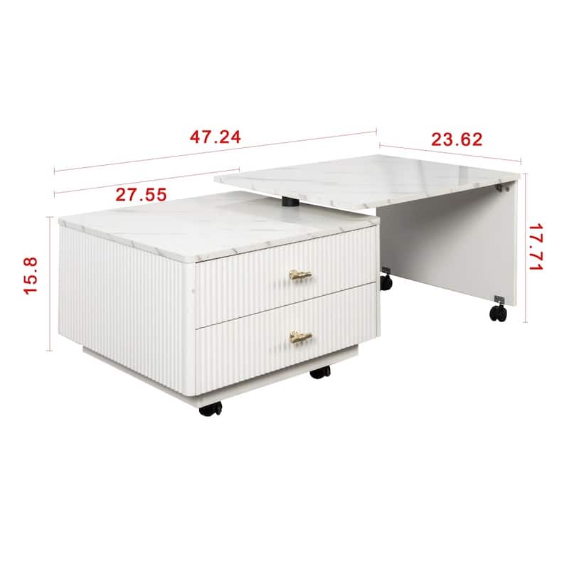 47.24" White Wooden Extendable Coffee Table with 2 Drawers and 6 Wheels