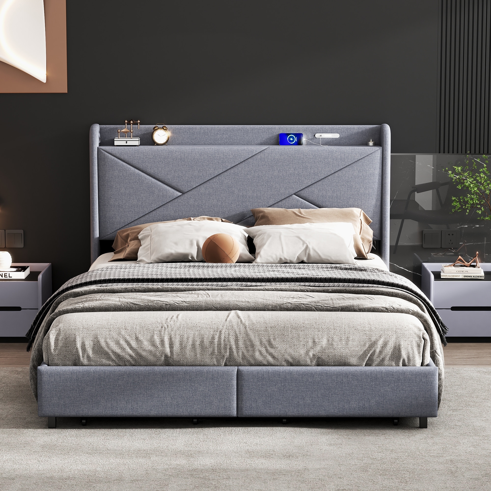 Queen Size Low Platform Bed Linen Upholstered Bed with Multifunctional Headboard, 2 Drawer, Metal Framework No Box Spring Needed
