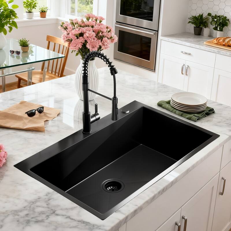 33 inch Drop-in Single Bowl Kitchen Sink, 18 Gauge Black Stainless Steel Kitchen Sink, Handmade Topmount Sink