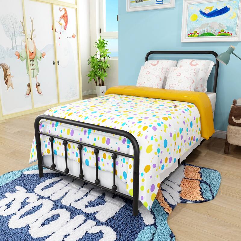 Victorian Style Metal Platform Bed Frame with Headboard/Footboard, Under Bed Storage, No Box Spring Needed, Twin Size Black