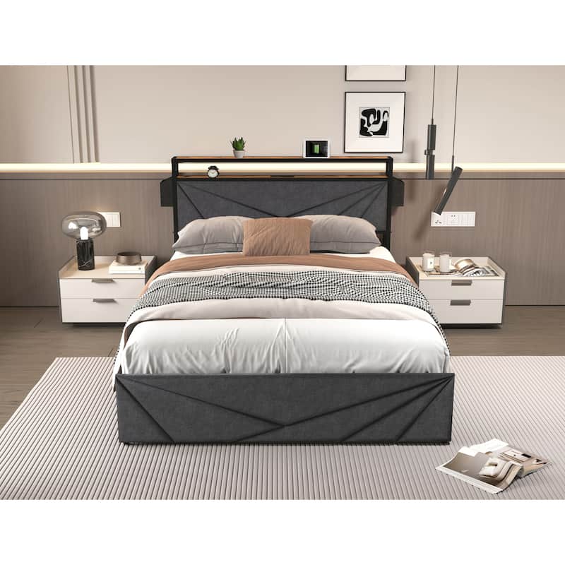 Full Bed Frame with Storage Headboard, Charging Station, LED Lights, and 4 Drawers - No Box Spring Needed