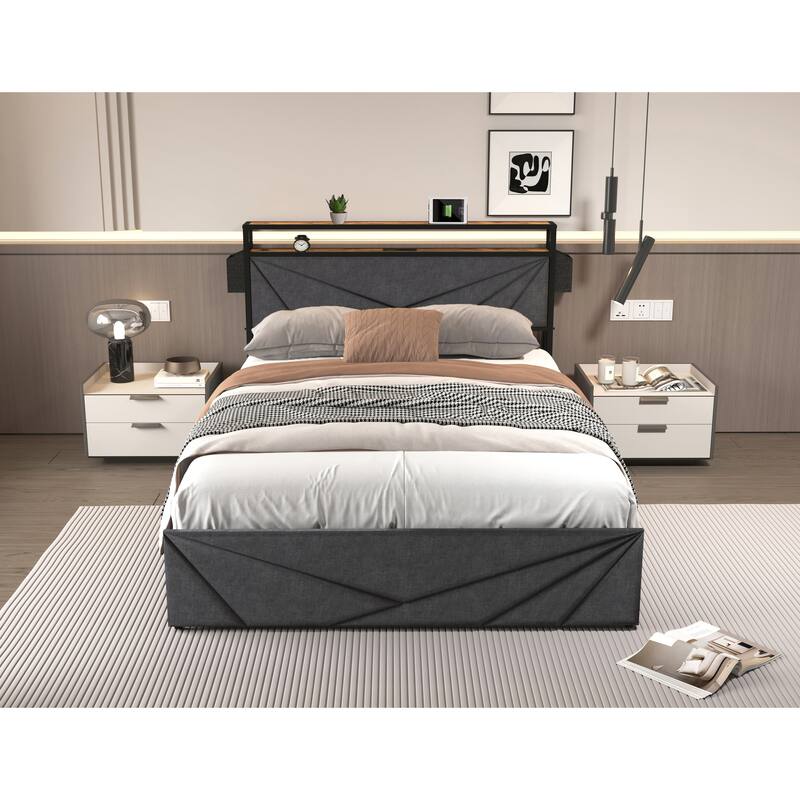 Full Size Bed Frame with Storage Headboard, Charging Station, LED Lights, 4 Drawers, No Box Spring Needed, Sturdy