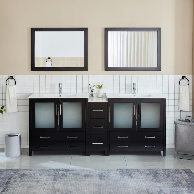 Vanity Art 84" Double Sink Bathroom Vanity Set 7 Dove-Tailed Drawers, 3 Cabinets, 2 Shelves, Soft-Closing Doors with Free Mirror - Espresso