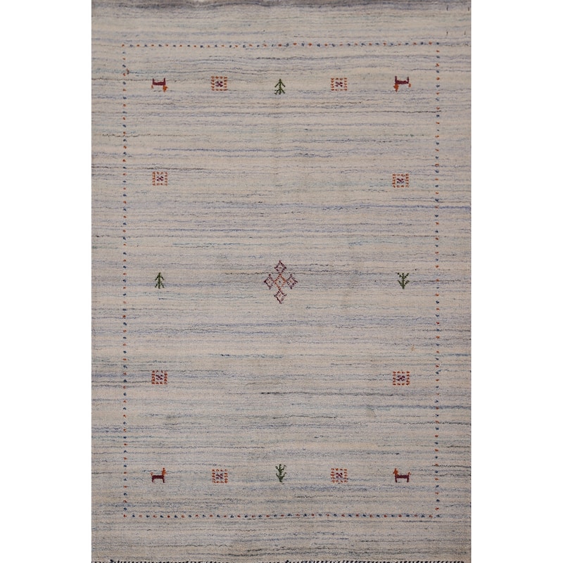 Striped Gabbeh Oriental Accent Rug Handmade Beige Wool Carpet - 4'1"x 5'8"