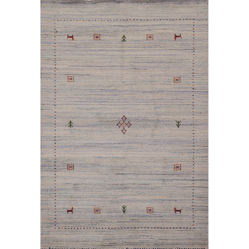 Striped Gabbeh Oriental Accent Rug Handmade Beige Wool Carpet - 4'1"x 5'8"