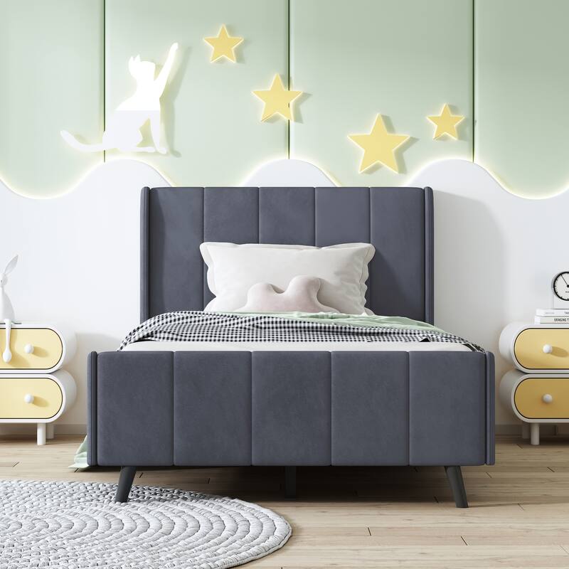 Twin Size Upholstered Platform Bed with Tufted Velvet Headboard