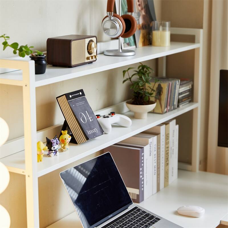 94.5" L Shape Home Office Desk with Storage Shelves and Stool