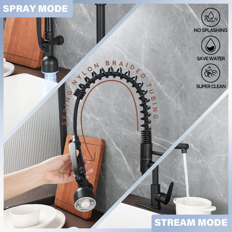 Commercial Stainless Steel Single Handle Kitchen Spring Sink Faucet with LED Pull Down Sprayer & Deck Plate