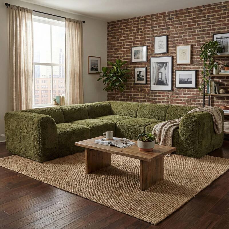 Furniture of America Ylena Modern 5-Piece Faux Fur Foam Modular Compressed Sectional Sofa - Olive Green