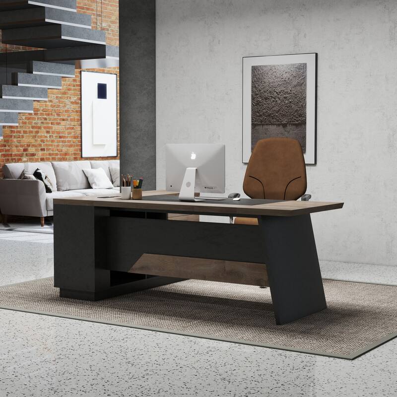 WESOME Black/Wood L-Shaped Executive Desk with Cabinet Built-In Outlet(LP002)