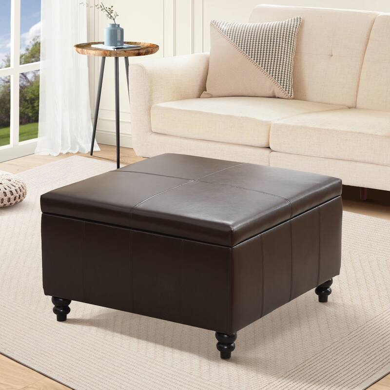 Leather Square Storage Ottoman for Living Room, Brown/ Black 30"W x 30"D x 18.1"H