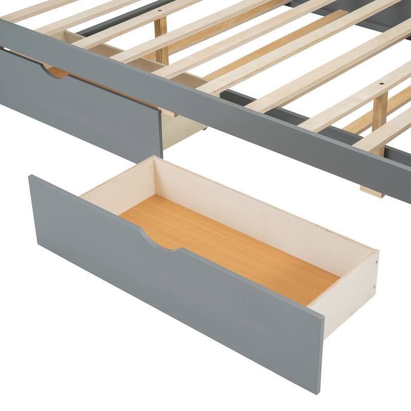 Rattan Platform Bed Queen Wooden Bed Frame with Twin Trundle and 2 Drawers, Headboard with Padded Cushion Mattress Not Included