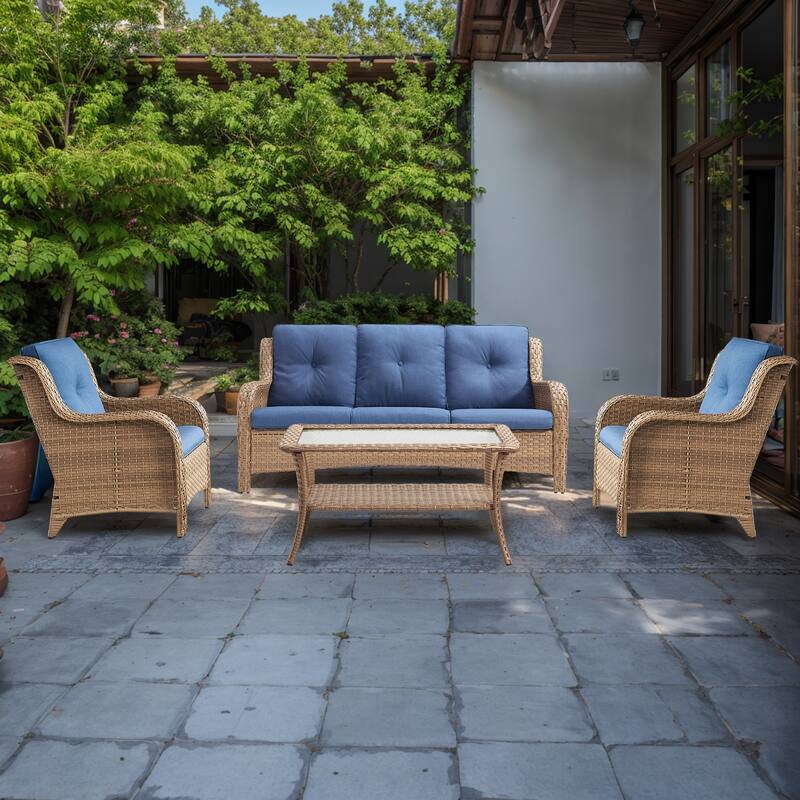 Gymojoy 4-Piece Outdoor Patio Sofa Chair with Coffee Table - Yellow - Blue