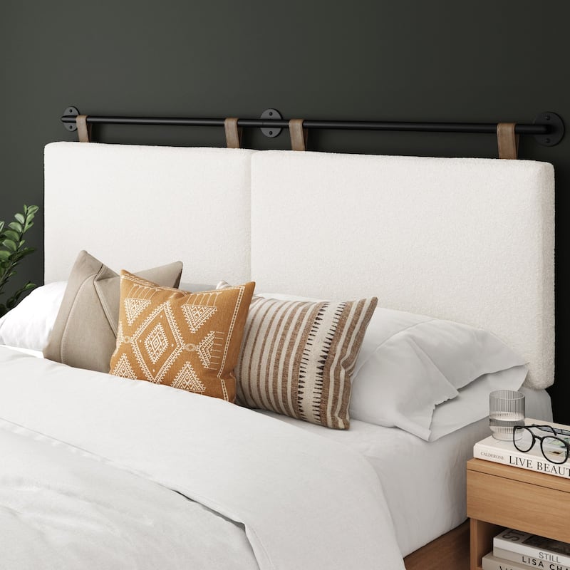 Charlie Wall Mount Boucle Upholstered Padded Headboard, Adjustable Height with Metal Rail - King