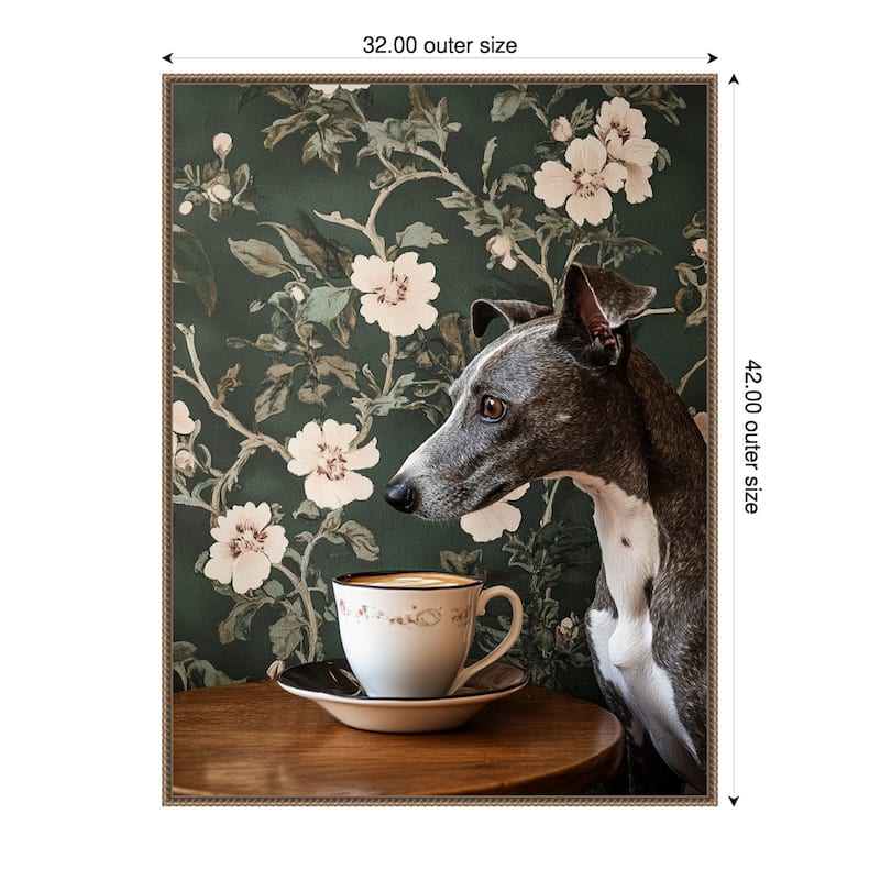 The Coffee Loving Whippet by Mowzu Framed Canvas Wall Art - 32 x 42 in