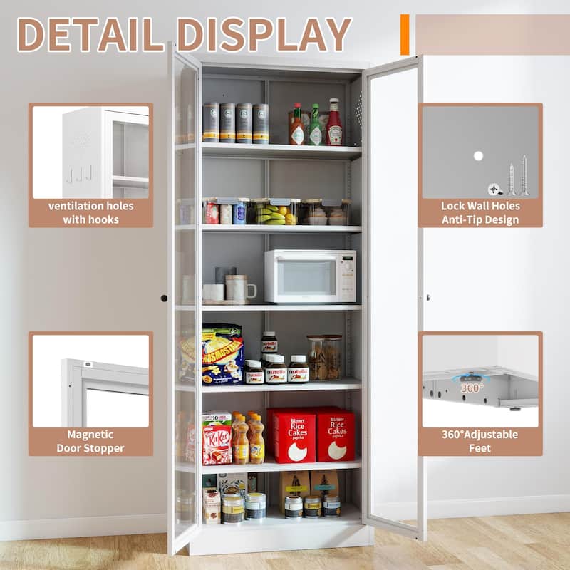 Metal Kitchen Pantry Cabinet-72" Tall Storage with 5 Adjustable Shelves, White Freestanding Cabinet