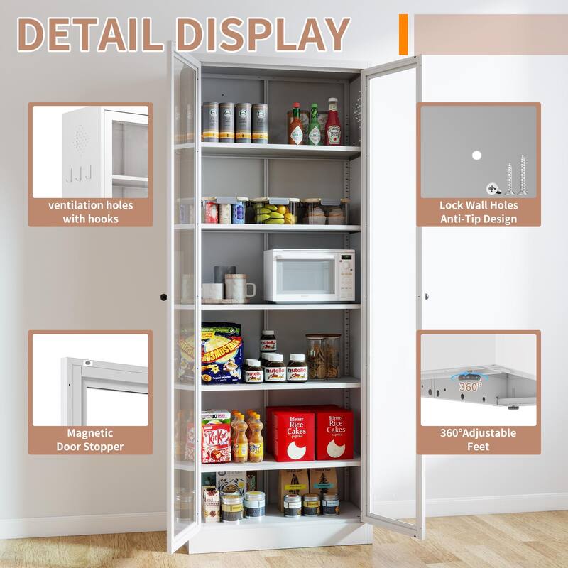 Storage Cabinet with 5 Adjustable Shelves, Heavy Duty Kitchen Pantry Cabinet, Freestanding Cabinet with 2 Glass Doors