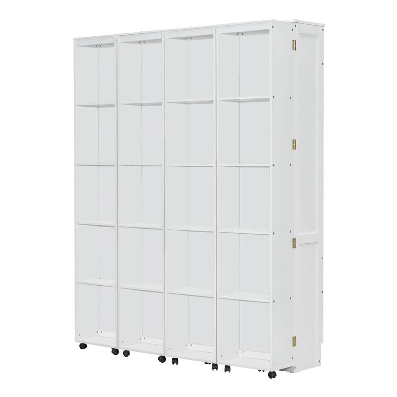 Modern Platform Bed with Storage Bookcase Queen Size Murphy Bed with Side Flip and Push-pull Foldable Storage Cabinets