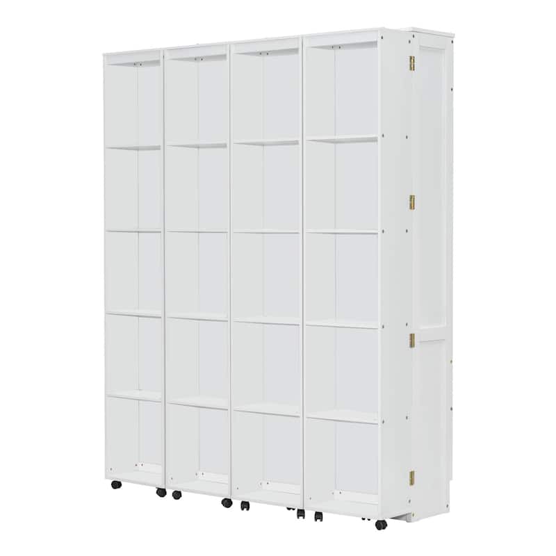 Queen Size Murphy Bed with Cabinets, Storage Wall Bed with Movable Bookcase, Wood Folding Bed Frame