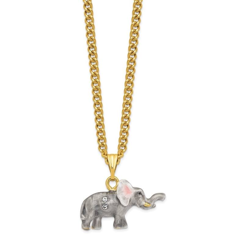 Curata Pewter Bejeweled Crystals Gold-Tone Enameled Morrison Elephant Trinket Box on 18 Inch Necklace