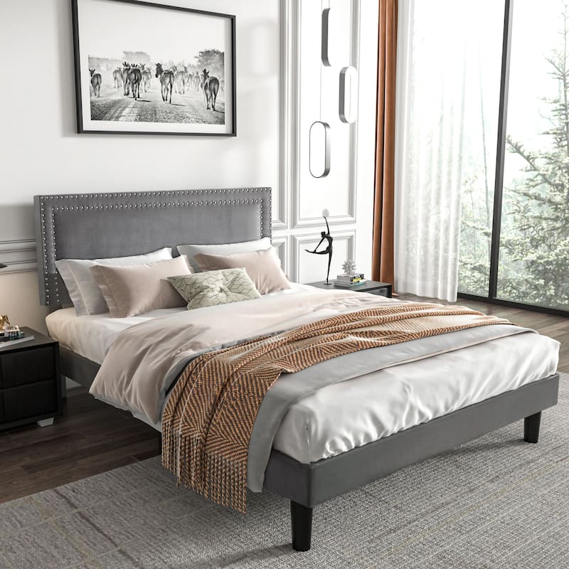 VECELO Upholstered Bed Frames with Height Adjustable Headboard
