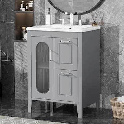 24" Solid Wood Bathroom Vanity with Sink, 2 Drawers, Door & Adjustable Shelf