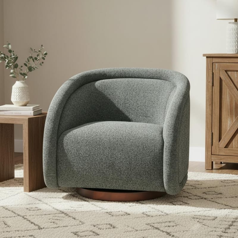Scott Living - Sabbo Modern Boucle Upholstered 360° Swivel Accent Chair, Walnut-Finished Solid Wood Base & Ergonomic Curved Back