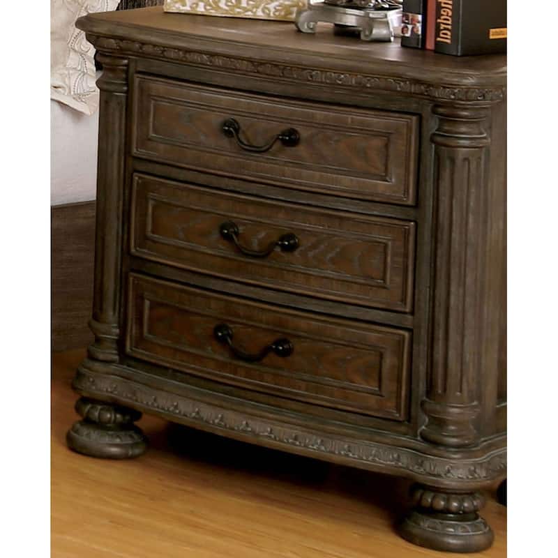 Traditional Rustic Natural Solid wood 1pc Nightstand Bronze Hanging Pull Bedroom Bedside Table w 3-Drawers