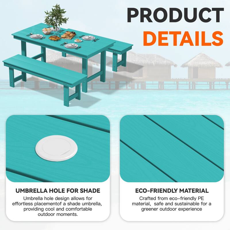 3-Piece HDPE Outdoor Dining Set with Umbrella Hole Table and Two 2-Person Benches