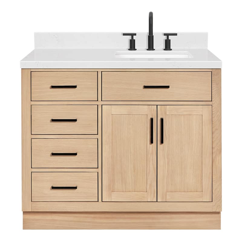 Ariel T042SRCQRVO Hepburn 43" Free Standing Single Basin Vanity Set - Oak / Carrara White Quartz Top / Matte Black