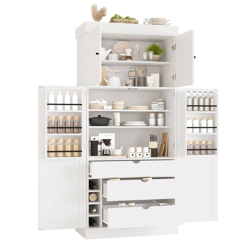 77" Tall Buffet Sideboard Storage Cabinet for Dining Room, Freestanding Kitchen Pantry Cabinetwith Drawers and Wine Racks