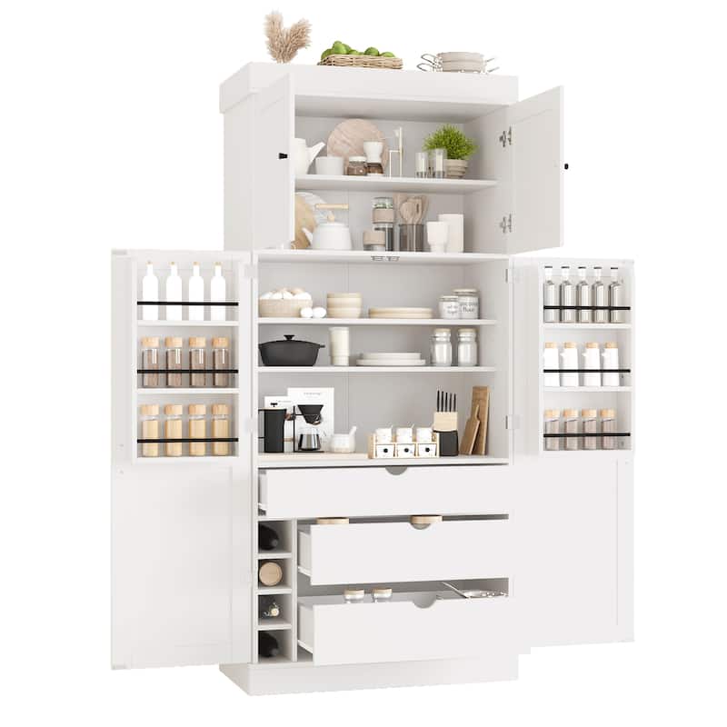 77" Tall Modern Shaker Kitchen Pantry with Wine Rack, Freestanding Storage Cabinet with Drawers & Door Shelves