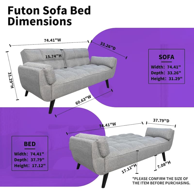 75.39 IN. Futon Sofa Bed, Convertible Upholstered Couch Sleeper with Reclining Sleeper Split Tufted Back