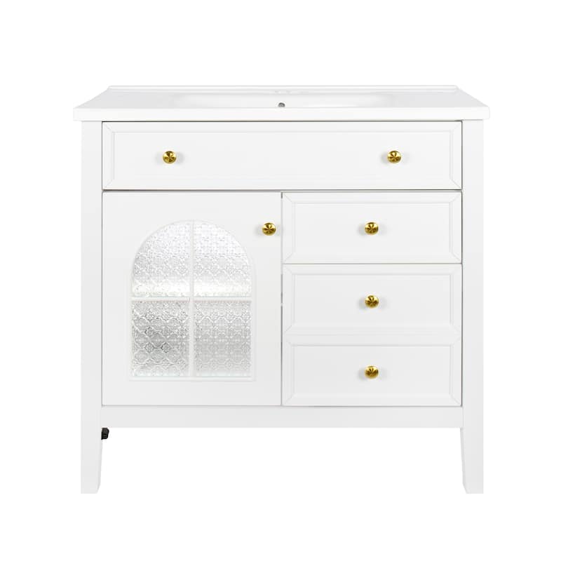 35.6-Inch Mid-Century Bathroom Vanity Sink with Patterned Glass & Motion-Sensor Light Strip, High-End Vanity Cabinet