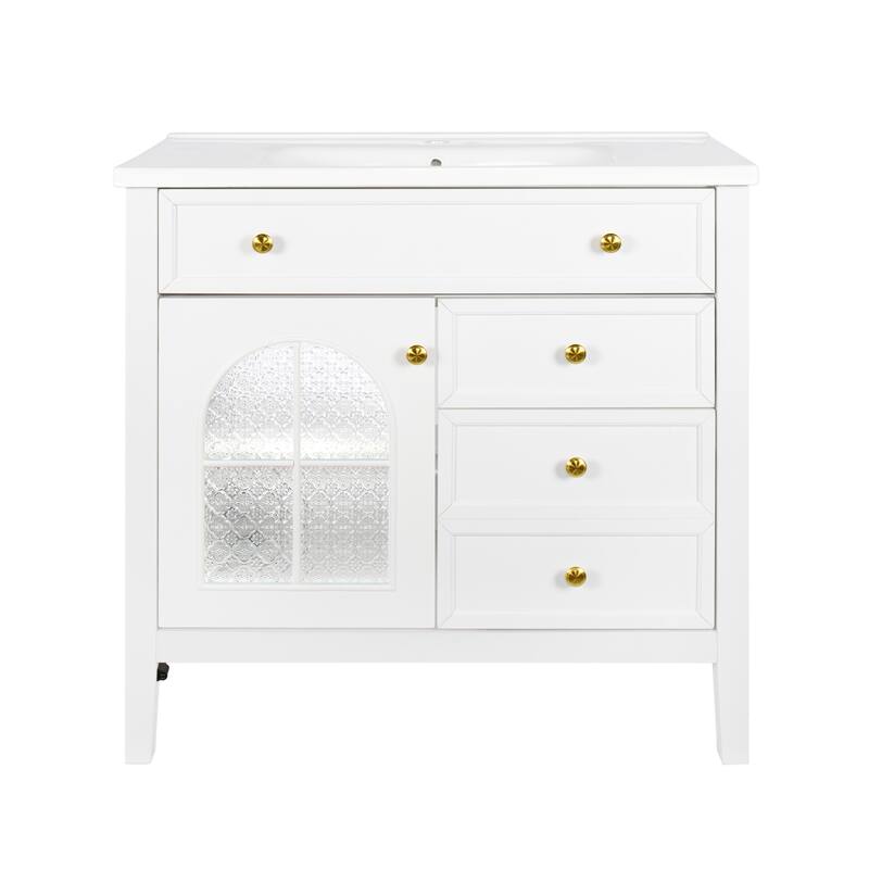 Freestanding 36" Bathroom Vanity Sink Cabinet with Motion-sensor Light Strip, Patterned Glass & Drawers