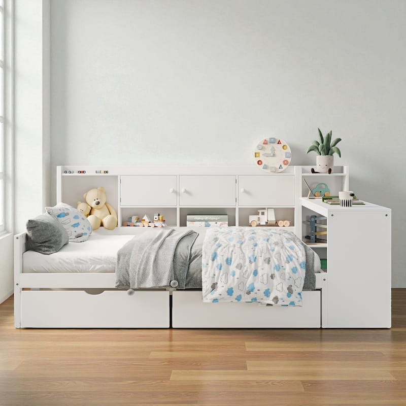 Wooden L-Shaped Daybed with Study Desk, Bookshelf, 7 Storage Cabinets and 2 Drawers, Multi-Functional Space-Saving Bed - White - Full