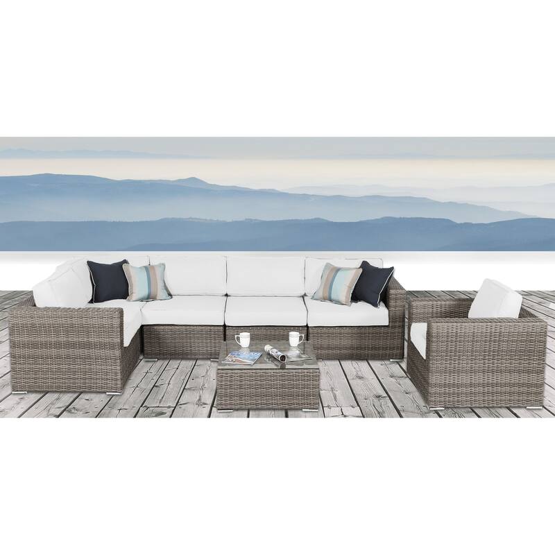 LSI 7 Piece Rattan Sunbrella Sectional Seating Group with Cushions On