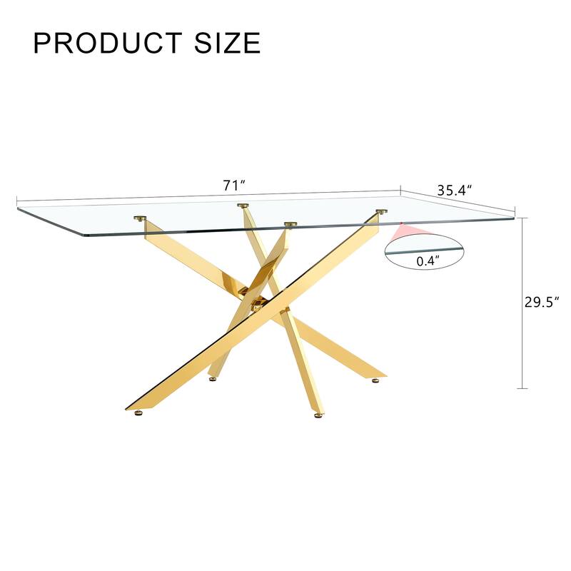 Large Modern Minimalist Rectangular Glass Dining Table with 0.4" Tempered Glass Tabletop and Gold Metal Legs, for 4-6 people